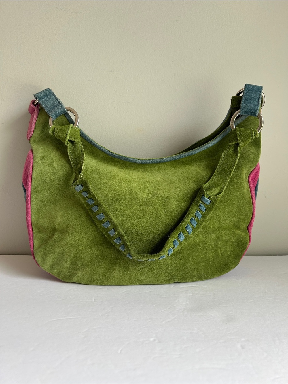 Green Suede Shoulder Bag with Pink Accents